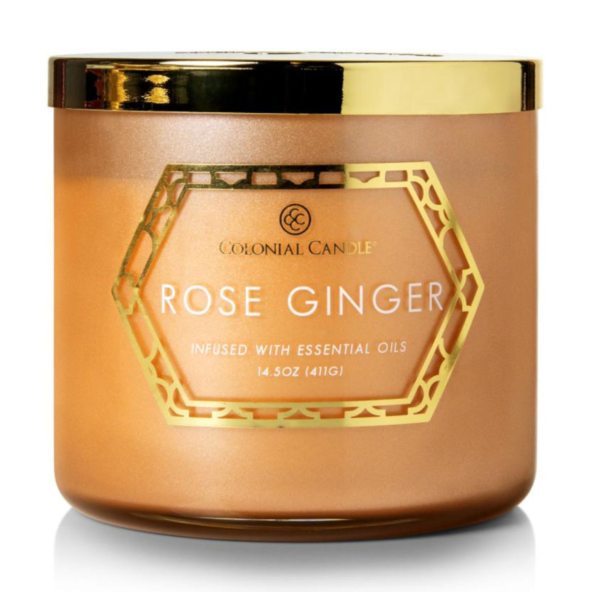 Colonial Candle - Geo Luxe Rose Ginger - sojablend geurkaars 411 gram - vooraanzicht met gouden deksel , geuren van roos, citroen, cyclaam en kersenbloesem