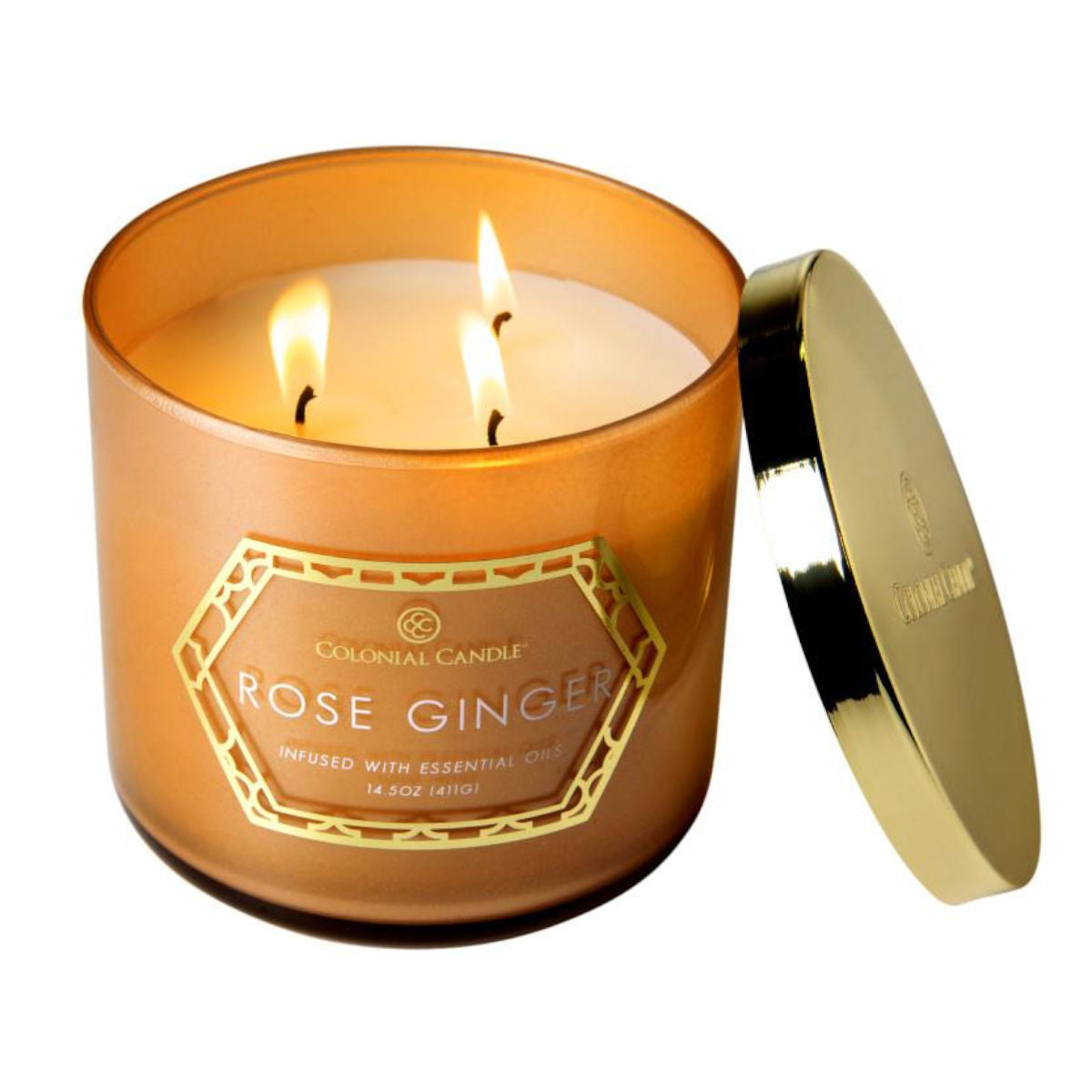 Colonial Candle - Geo Luxe Rose Ginger - sojablend geurkaars 411 gram - vooraanzicht met gouden deksel , geuren van roos, citroen, cyclaam en kersenbloesem - brandende kaars met drie lonten en gouden deksel