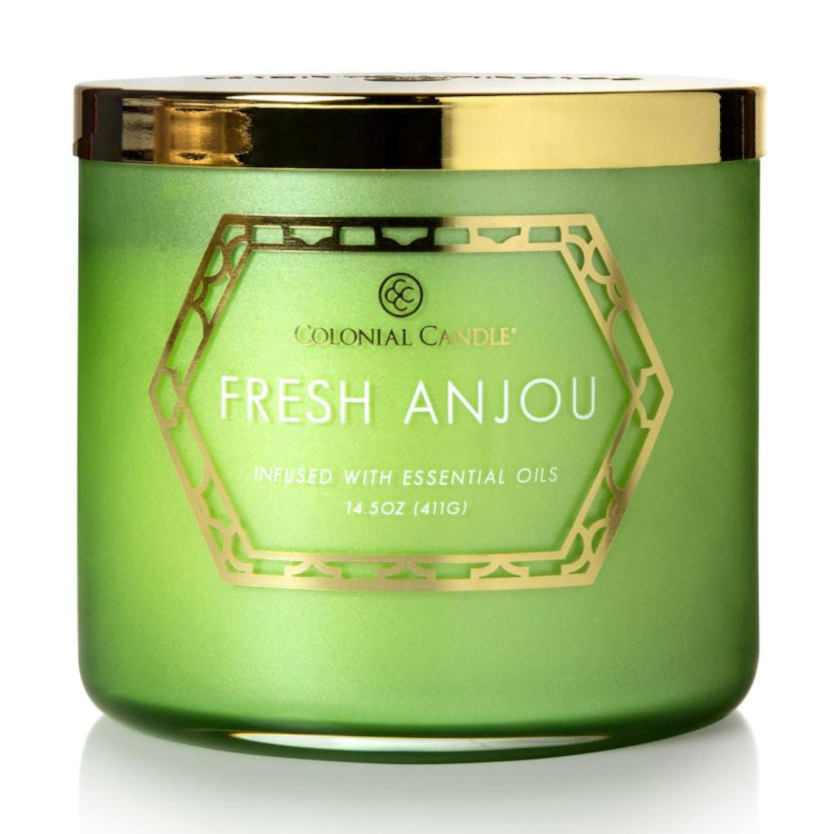 Colonial Candle - Geo Luxe Fresh Anjou - sojablend geurkaars 411 gram - vooraanzicht met gouden deksel , geuren van peer, perzik, passievrucht, gember en amber