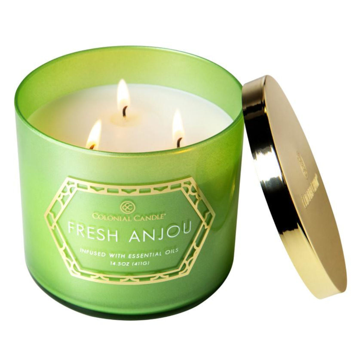 Colonial Candle - Geo Luxe Fresh Anjou - sojablend geurkaars 411 gram -brandende geurkaars met gouden deksel en drie lonten, geuren van peer, perzik, passievrucht, gember en amber