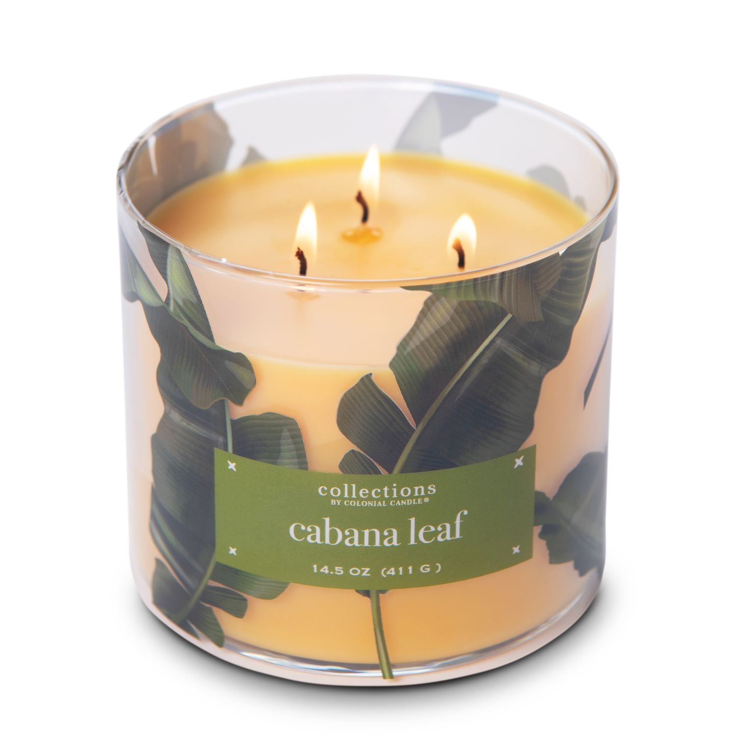 KAAARS.NL - Colonial Candle -%product_title - 28,95 - Soja geurkaars in glazen pot met gouden deksel. Cabana leaf neemt je mee op reis naar een tropisch strand. Vanuit het frisse groen van je Cabana ruik je ook het fruit, waaronder kiwi en geniet je van bananenblad en de prachtige en heerlijk geurende paradijsvogelbloem. De kaarswas is geel . Brandende kaars op foto
